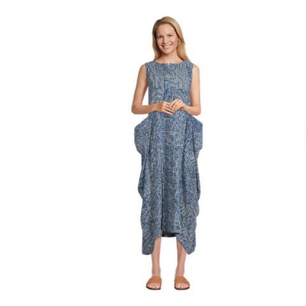 Indigo And White Crosshatch Okura Dress With Pockets